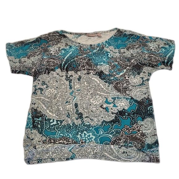 Chico's Size 1 / Medium Multi-Color Paisley Blouse Raglan Sleeves Banded Waist - Picture 5 of 13